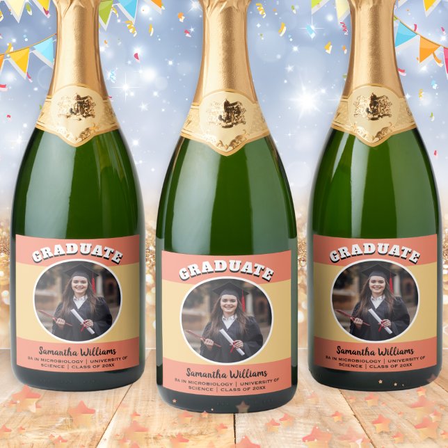 Custom Photo Peach Graduate Party Drinks Bottle Sparkling Wine Label (Personalized wine labels to celebrate a graduation. Add your photo and text)
