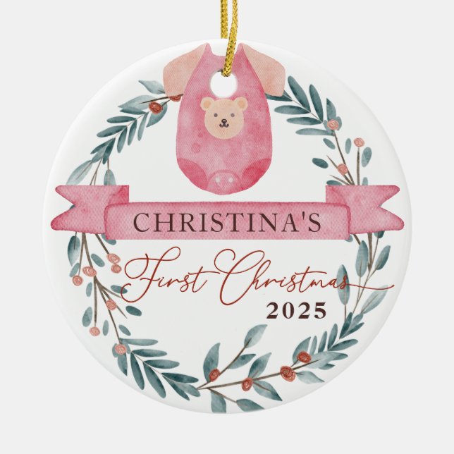 Custom Photo Personalized Baby's 1st Christmas  Ceramic Ornament (Front)