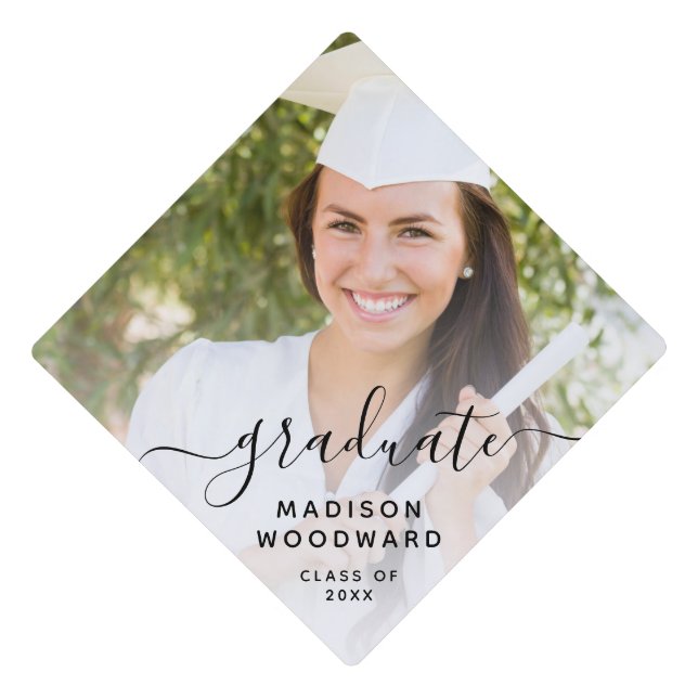 Custom Photo Personalized Black Script Graduation  Cap Topper (Front)