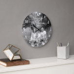 Custom photo personalized name black and white large clock<br><div class="desc">Custom photo personalized name black and white white letters and numbers retro font wall clock. A lovely personalized gift for a couple,  for family,  house warming or other occasion.</div>