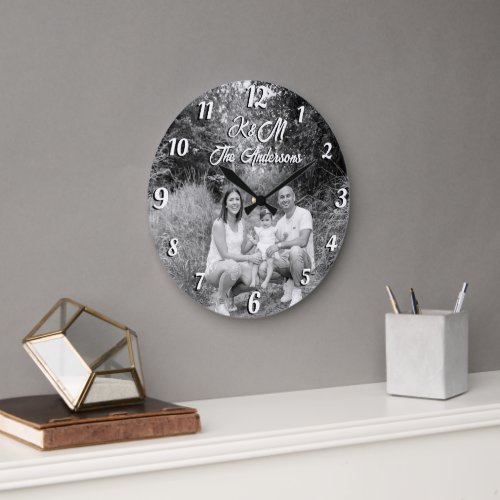Custom photo personalized name black and white large clock