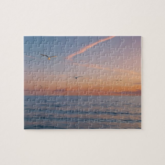 Custom Photo Personalized Sunset Beach Waves Jigsaw Puzzle (Horizontal)