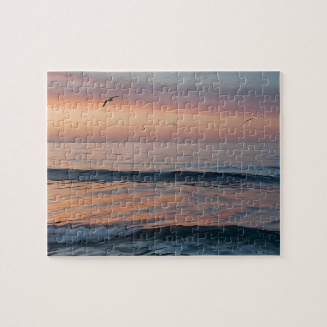 Custom Photo Personalized Sunset Beach Waves Jigsaw Puzzle (Horizontal)
