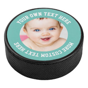 Custom Photo Personalized Teal Green Hockey Puck