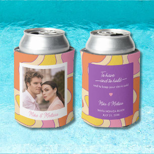 Custom Photo Personalized Wedding Retro Groovy Can Cooler