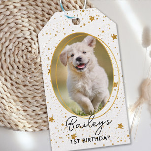 Custom Photo Pet Dog Birthday Gold Glitter Stars Gift Tags