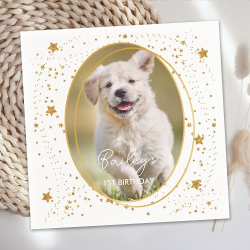 Custom Photo Pet Dog Birthday Gold Glitter Stars Napkins