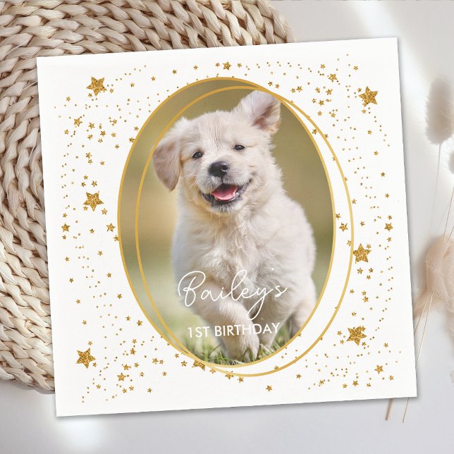 Custom Photo Pet Dog Birthday Gold Glitter Stars Napkins (Creator Uploaded)