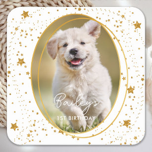 Custom Photo Pet Dog Birthday Gold Glitter Stars Square Paper Coaster