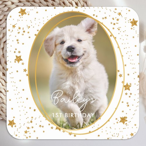 Custom Photo Pet Dog Birthday Gold Glitter Stars Square Sticker