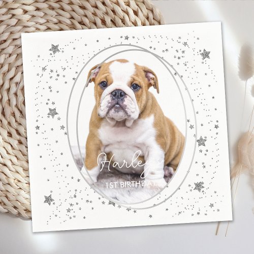 Custom Photo Pet Dog Birthday Silver Glitter Stars Napkins