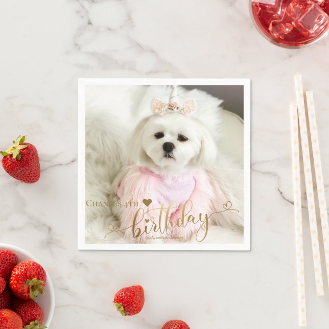 Custom Photo Pet Dog Birthday Typography Gold Napkins (Insitu)