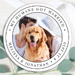 Custom Photo Pet Dog Just Married Wedding Classic Round Sticker<br><div class="desc">Add the finishing touch to your dog wedding announcements with these custom photo, and personalized 'My Humans Got Married stickers. Customize with your favorite photo,  names and date. COPYRIGHT © 2020 Judy Burrows,  Black Dog Art - All Rights Reserved. Custom Photo Pet Dog Just Married Wedding Classic Round Sticker</div>
