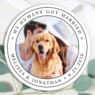 Custom Photo Pet Dog Just Married Wedding Classic Round Sticker
