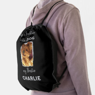 Custom photo pet dog name grey black drawstring bag