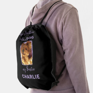 Custom photo pet dog name purple black drawstring bag