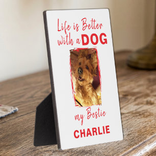 Custom photo pet dog name white red plaque