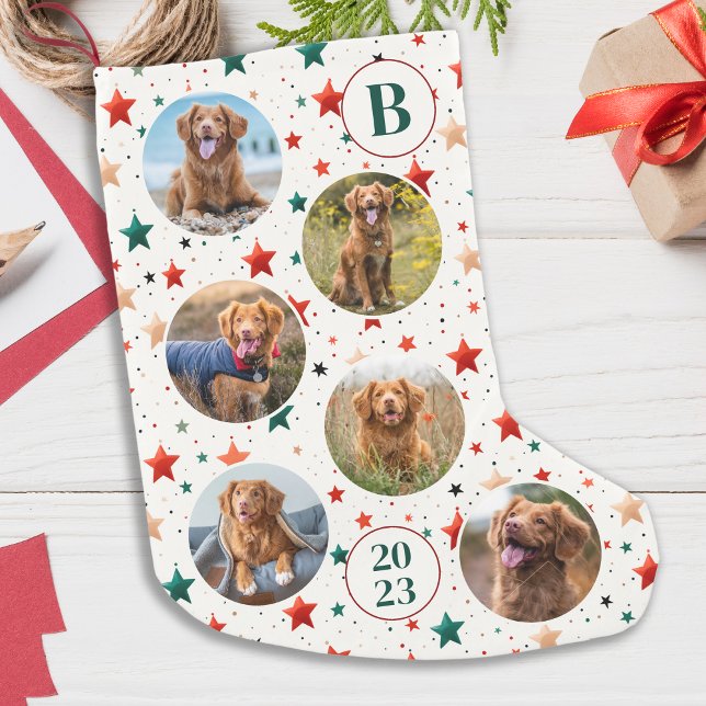 Custom Photo Pet Dog Retro Stars Pattern Monogram Small Christmas Stocking (Creator Uploaded)