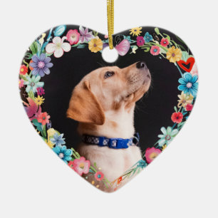 Custom Photo Pet Memorial Floral Blue Heart Shape  Ceramic Ornament