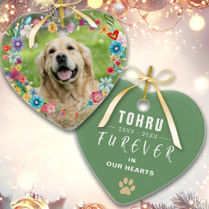 Custom Photo Pet Memorial Floral Heart Shaped  Ceramic Ornament