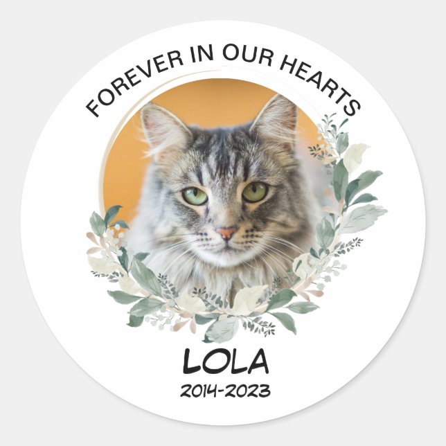 Custom Photo Pet Memorial with dates Classic Round Sticker (Front)