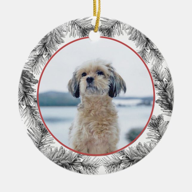 Custom Photo Pine Sprig Evergreen Wreath  Ceramic Ornament (Front)