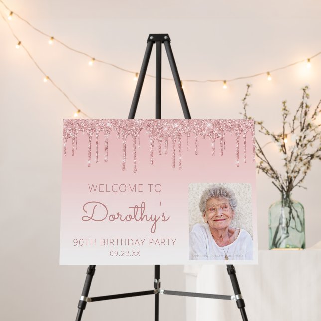 Custom Photo Pink 90th Birthday Welcome Foam Board (In Situ (Stand))