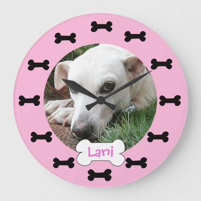 Custom Photo Pink and Black Dog Bones Personalized Large Clock (Front)