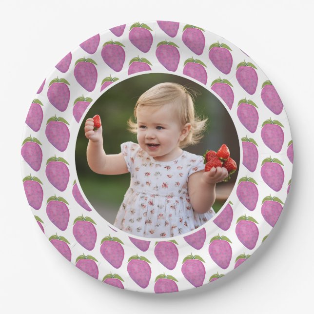 Custom photo pink Berry First Birthday party Paper Plates (Front)