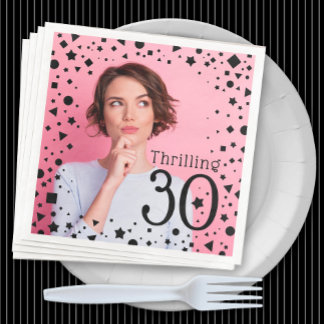 Custom Photo Pink Black Confetti 30th Birthday Paper Dinner Napkins