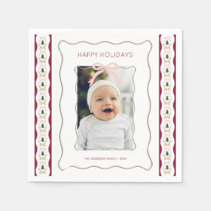 Custom Photo Pink Bow Squiggly Frame Holiday Napkins
