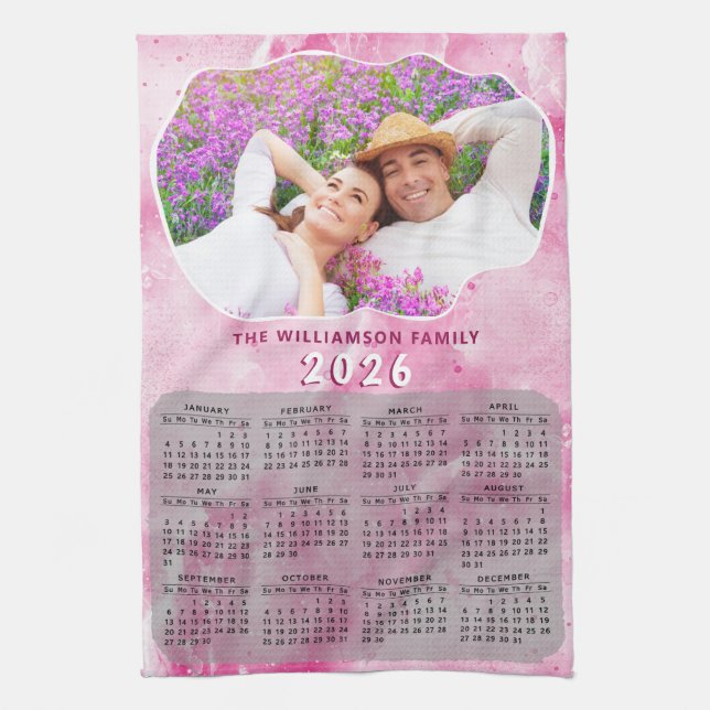 Custom Photo Pink Family Name 2026 Calendar Kitchen Towel (Vertical)