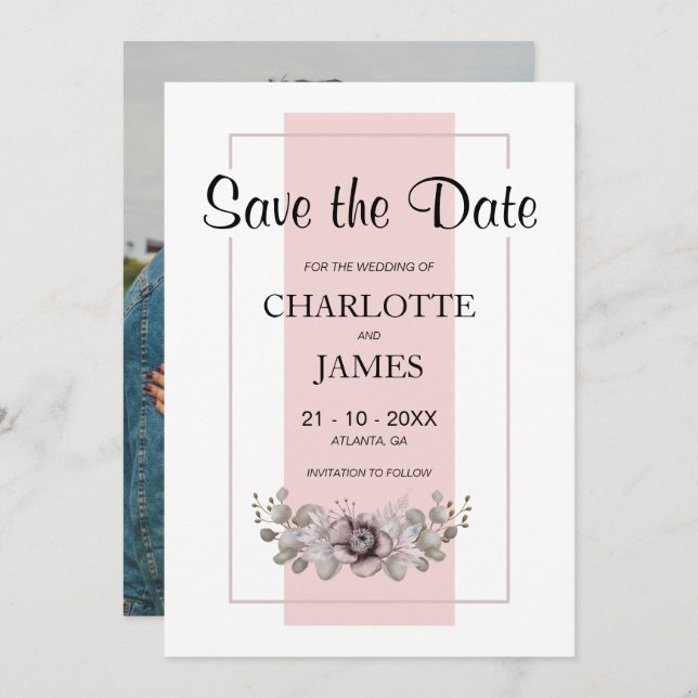 Custom Photo Pink Floral Save The Date (Front/Back)