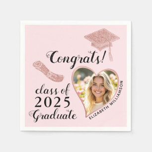 Custom Photo Pink Girly Class 2025 Graduation Napkins