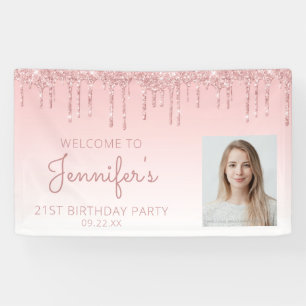 Custom Photo Pink Glitter Drip 21st Birthday Party Banner