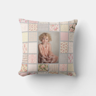 Custom Photo Pink & Gray Patchwork  Throw Pillow