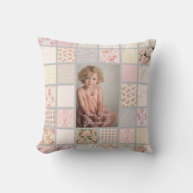 Custom Photo Pink & Gray Patchwork  Throw Pillow (Front)