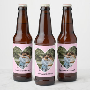 Custom Photo Pink Heart Frame Modern Calligraphy Beer Bottle Label