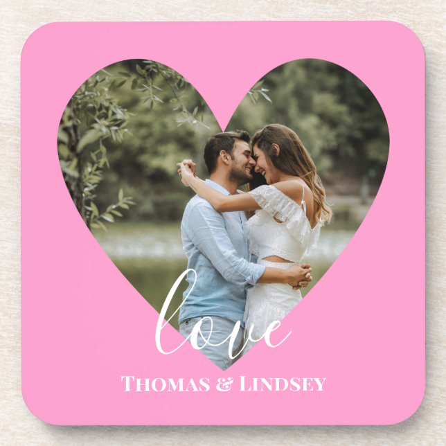 Custom Photo Pink Heart Frame Modern Calligraphy Beverage Coaster (Front)