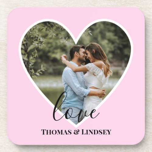 Custom Photo Pink Heart Frame Modern Calligraphy Beverage Coaster