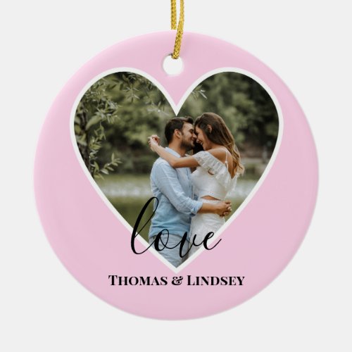 Custom Photo Pink Heart Frame Modern Calligraphy Ceramic Ornament