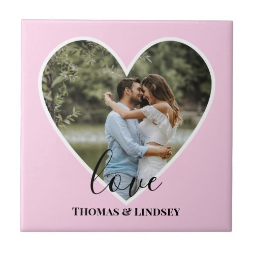 Custom Photo Pink Heart Frame Modern Calligraphy Ceramic Tile