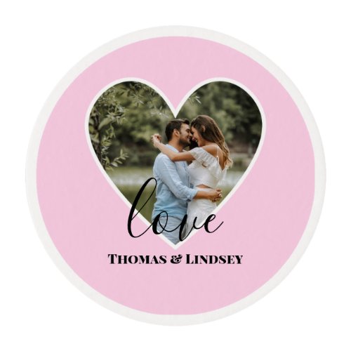 Custom Photo Pink Heart Frame Modern Calligraphy  Edible Frosting Rounds