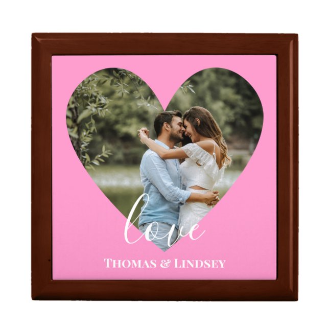 Custom Photo Pink Heart Frame Modern Calligraphy Gift Box (Front)
