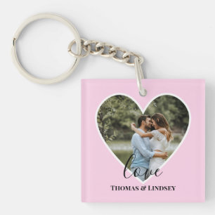 Custom Photo Pink Heart Frame Modern Calligraphy Keychain