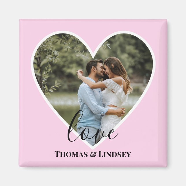 Custom Photo Pink Heart Frame Modern Calligraphy Magnet (Front)