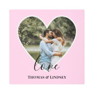 Custom Photo Pink Heart Frame Modern Calligraphy Metal Print
