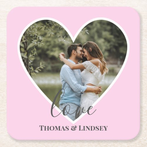 Custom Photo Pink Heart Frame Modern Calligraphy Square Paper Coaster