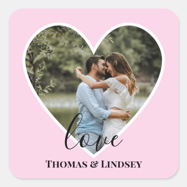 Custom Photo Pink Heart Frame Modern Calligraphy Square Sticker (Front)