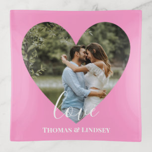 Custom Photo Pink Heart Frame Modern Calligraphy Trinket Tray